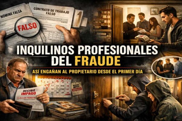 Fotomontaje que representa a un inquilino profesional del fraude: una figura humana de aspecto sospechoso frente a un apartamento, con elementos que sugieren contratos falsos y subarriendo.