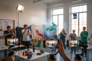 Grupo de jóvenes rodando un cortometraje fantástico con móviles en el taller «Jóvenes que asombran 2026» en Murcia