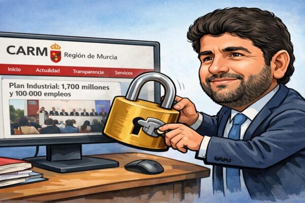 Caricatura respetuosa de un hombre parecido a López Miras frente a un ordenador con la web de la Comunidad Autónoma de la Región de Murcia visible, sosteniendo un candado como simbolizando la limitación del acceso a la información pública.