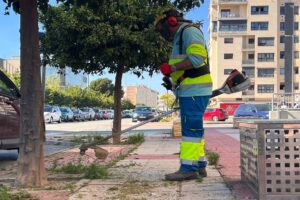 Operario del Ayuntamiento de Murcia realizando desbroce en la vía pública en el marco del Plan de Desbroces 2026.