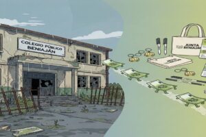 Ilustración del Colegio de Beniaján deteriorado a la izquierda, con billetes volando hacia bolsas de tela de la Junta Municipal, mostrando objetos como llaveros, bolígrafos y calendarios. Representa polémica sobre el destino del dinero público en colegios.