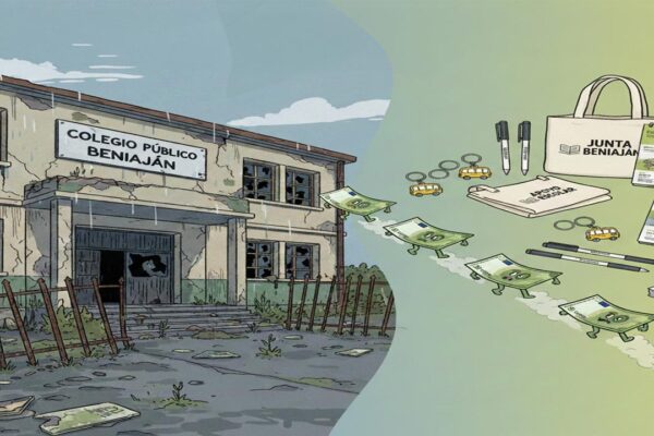 Ilustración del Colegio de Beniaján deteriorado a la izquierda, con billetes volando hacia bolsas de tela de la Junta Municipal, mostrando objetos como llaveros, bolígrafos y calendarios. Representa polémica sobre el destino del dinero público en colegios.
