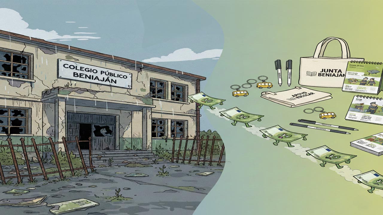 Ilustración del Colegio de Beniaján deteriorado a la izquierda, con billetes volando hacia bolsas de tela de la Junta Municipal, mostrando objetos como llaveros, bolígrafos y calendarios. Representa polémica sobre el destino del dinero público en colegios.