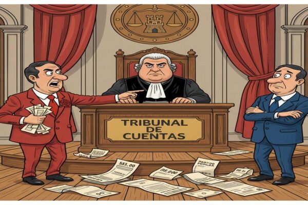 Ilustración de un juez del Tribunal de Cuentas con dos figuras enfrentadas: a la derecha, un hombre vestido de azul que representa al Partido Popular; a la izquierda, un hombre vestido de rojo que representa al PSOE, señalando facturas arrugadas hacia el del PP.