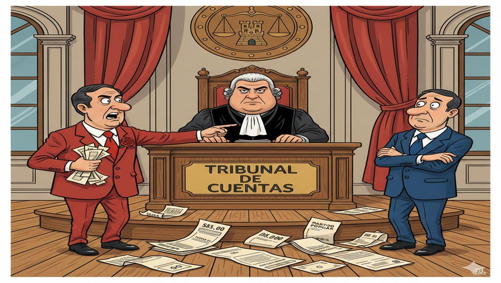 Ilustración de un juez del Tribunal de Cuentas con dos figuras enfrentadas: a la derecha, un hombre vestido de azul que representa al Partido Popular; a la izquierda, un hombre vestido de rojo que representa al PSOE, señalando facturas arrugadas hacia el del PP.
