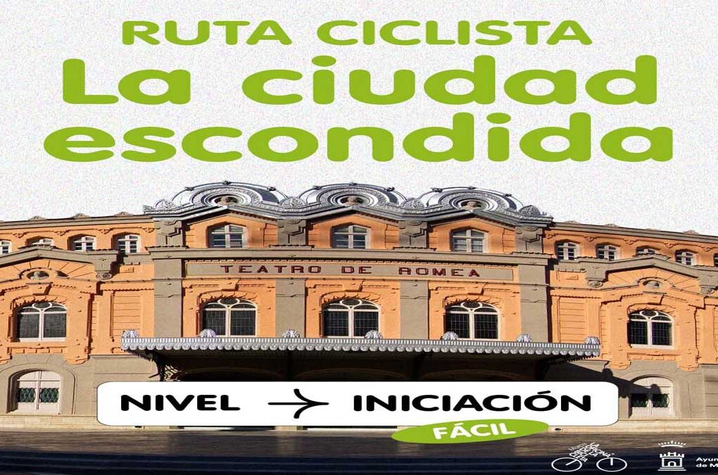 Cartel de la ruta ciclista La ciudad escondida en Murcia con ilustración del Teatro Romea y detalles del recorrido de nivel iniciación.