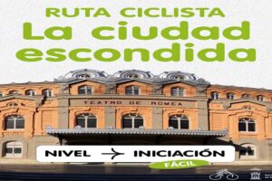 Cartel de la ruta ciclista La ciudad escondida en Murcia con ilustración del Teatro Romea y detalles del recorrido de nivel iniciación.