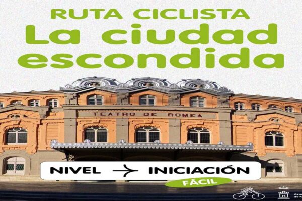 Cartel de la ruta ciclista La ciudad escondida en Murcia con ilustración del Teatro Romea y detalles del recorrido de nivel iniciación.