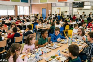 Comedor escolar en la Región de Murcia con niños de Infantil y Primaria durante el curso 2026-2027, relacionado con las becas de comedor gratis.