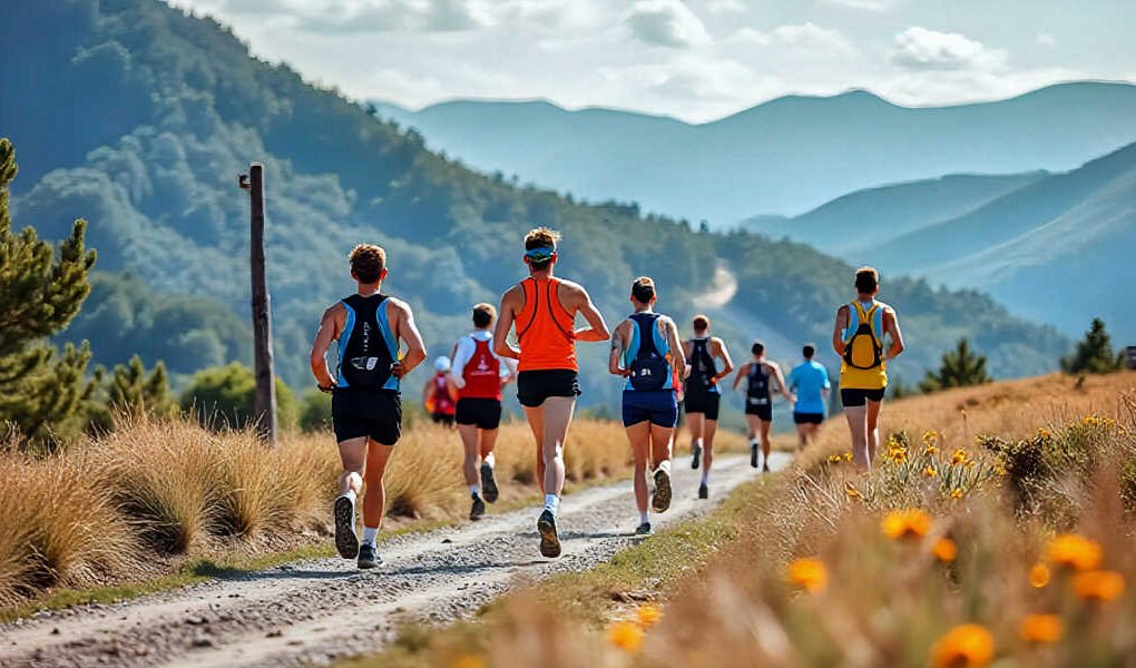 Corredores participando en el IV Cross Popular de Barqueros, corriendo por un sendero de tierra en la media montaña con montañas al fondo.