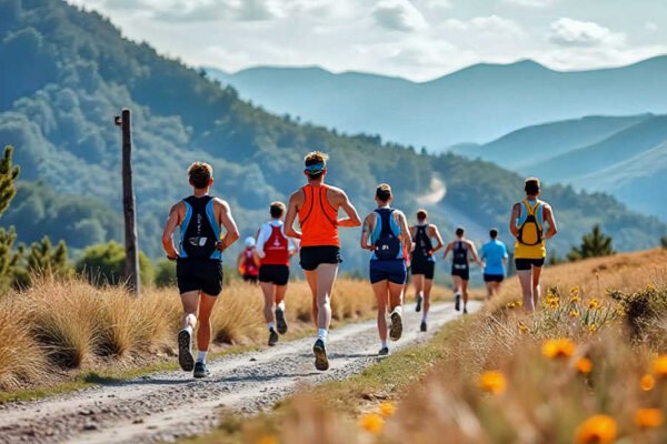 Corredores participando en el IV Cross Popular de Barqueros, corriendo por un sendero de tierra en la media montaña con montañas al fondo.