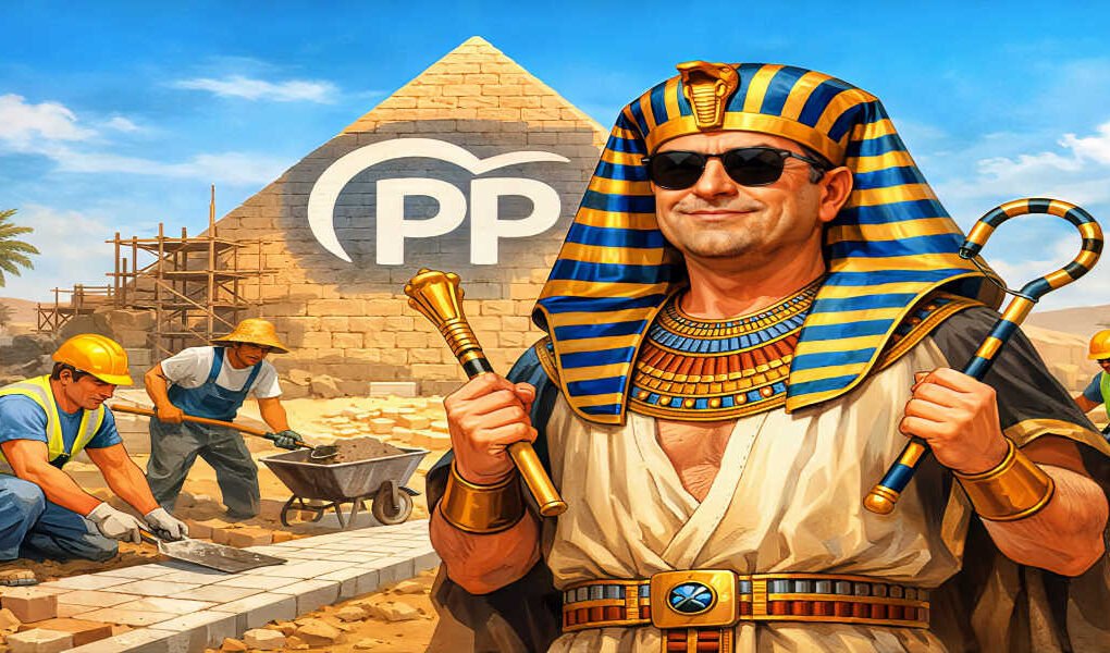 Ilustración satírica de un concejal del PP vestido como faraón, con pirámide de fondo con el logo del partido, mientras obreros construyen una acera a sus lados.