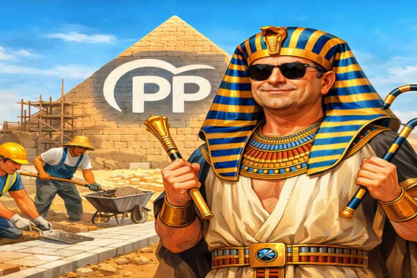 Ilustración satírica de un concejal del PP vestido como faraón, con pirámide de fondo con el logo del partido, mientras obreros construyen una acera a sus lados.