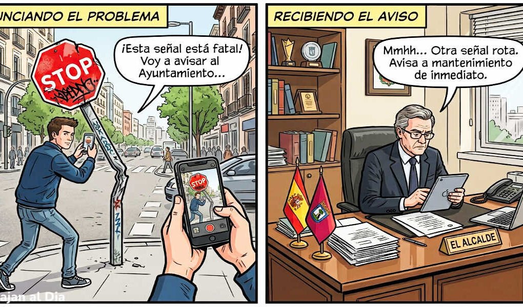 Viñeta en dos partes sobre la gestión de incidencias en Beniaján: en la primera, una persona fotografía una señal de tráfico rota y decide avisar al ayuntamiento; en la segunda, un alcalde pedáneo recibe el aviso y lo traslada al servicio de mantenimiento.