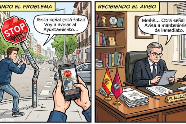 Viñeta en dos partes sobre la gestión de incidencias en Beniaján: en la primera, una persona fotografía una señal de tráfico rota y decide avisar al ayuntamiento; en la segunda, un alcalde pedáneo recibe el aviso y lo traslada al servicio de mantenimiento.