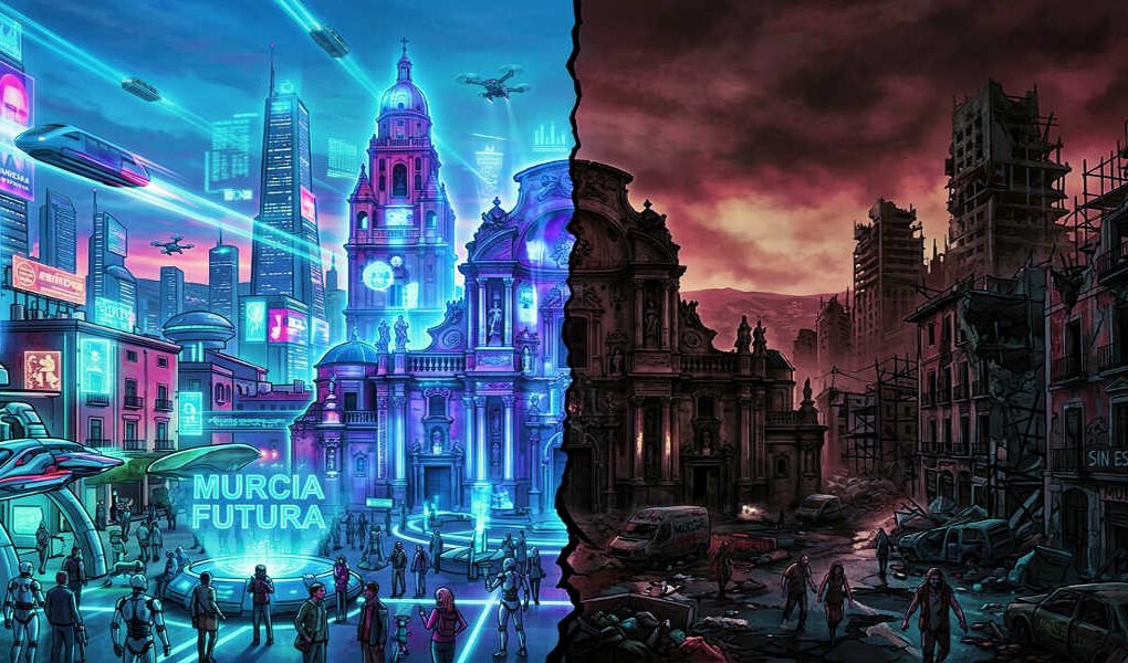 Plaza de Cardenal Belluga en Murcia, mitad ciudad futurista con hologramas y tecnología avanzada, mitad ciudad real con calles oscuras y vecinos en dificultades.