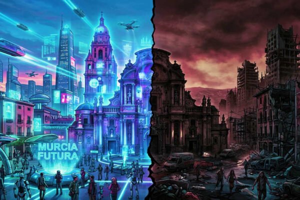 Plaza de Cardenal Belluga en Murcia, mitad ciudad futurista con hologramas y tecnología avanzada, mitad ciudad real con calles oscuras y vecinos en dificultades.
