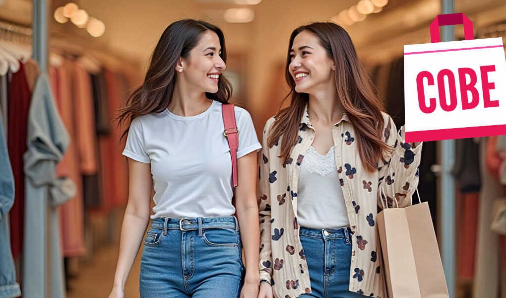 Dos mujeres jóvenes salen de una tienda de ropa en Beniaján, sonriendo y mirándose entre sí; una lleva una bolsa de compras con el logotipo de la futura Asociación de Comerciantes COBE.