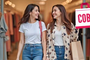 Dos mujeres jóvenes salen de una tienda de ropa en Beniaján, sonriendo y mirándose entre sí; una lleva una bolsa de compras con el logotipo de la futura Asociación de Comerciantes COBE.