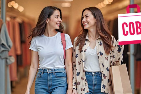 Dos mujeres jóvenes salen de una tienda de ropa en Beniaján, sonriendo y mirándose entre sí; una lleva una bolsa de compras con el logotipo de la futura Asociación de Comerciantes COBE.