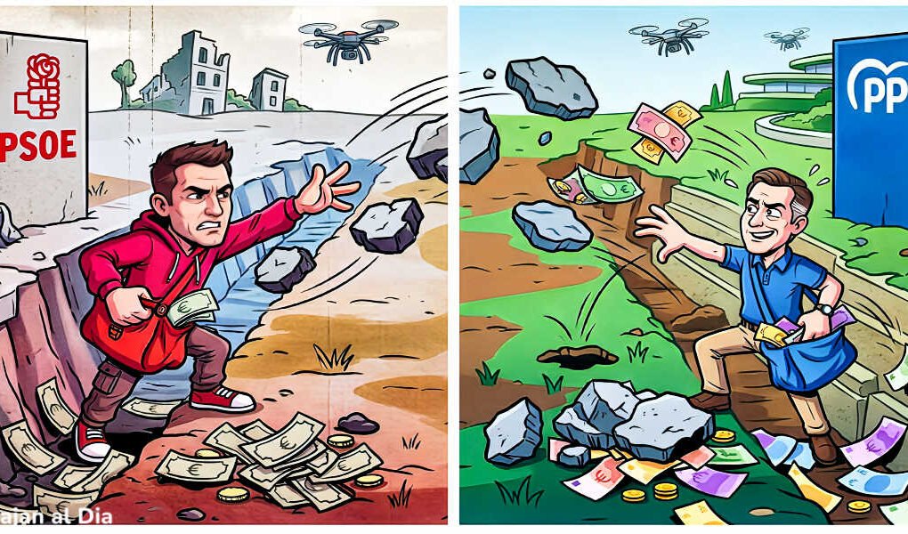 Viñeta ilustrada del debate en el Pleno de Beniaján entre PSOE y PP por el pago de facturas de arreglos de baches, con los portavoces lanzándose dinero y baches.