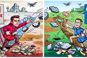 Viñeta ilustrada del debate en el Pleno de Beniaján entre PSOE y PP por el pago de facturas de arreglos de baches, con los portavoces lanzándose dinero y baches.