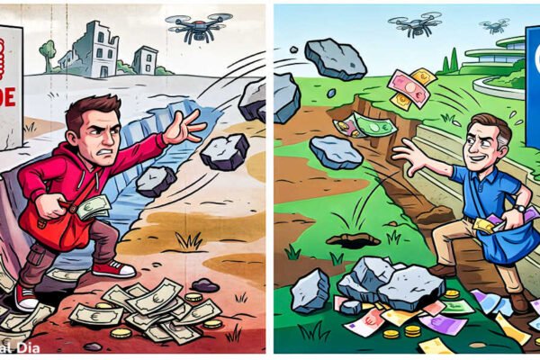 Viñeta ilustrada del debate en el Pleno de Beniaján entre PSOE y PP por el pago de facturas de arreglos de baches, con los portavoces lanzándose dinero y baches.