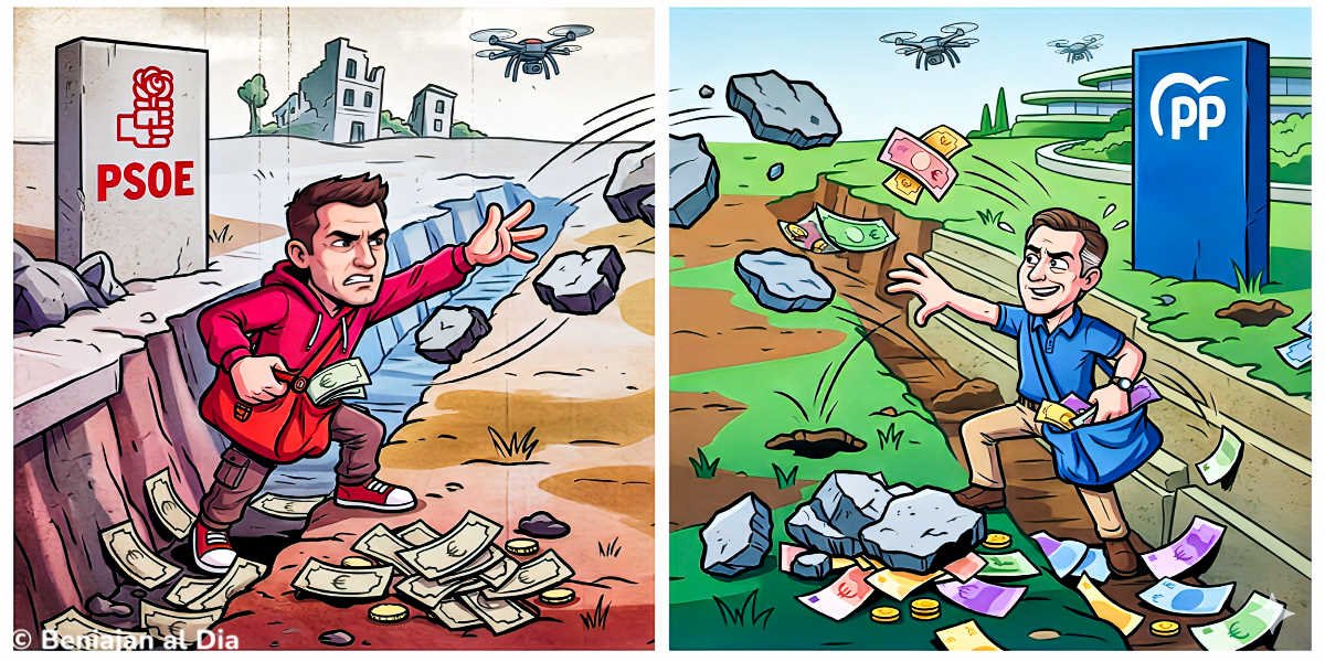 Viñeta ilustrada del debate en el Pleno de Beniaján entre PSOE y PP por el pago de facturas de arreglos de baches, con los portavoces lanzándose dinero y baches.