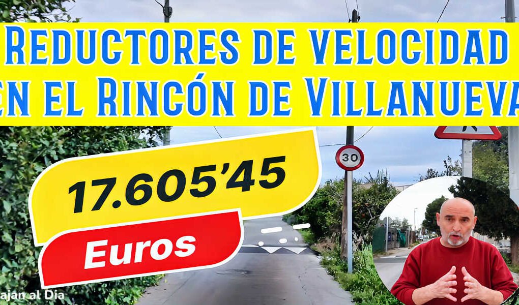 Imagen de uno de los reductores de velocidad en el Rincón de Villanueva, Beniaján, con el título del reportaje y la presencia del periodista en un círculo comentando el proyecto.