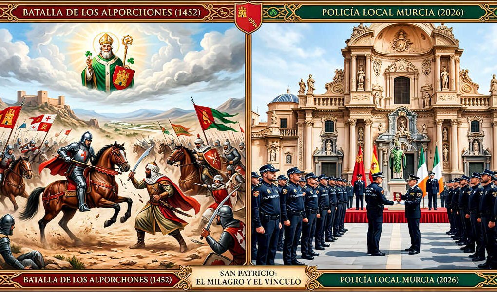Recreación de la Batalla de Los Alporchones a la izquierda y la Plaza del Cardenal Belluga con la Catedral y la Policía Local de Murcia recibiendo insignias presididos por San Patricio a la derecha