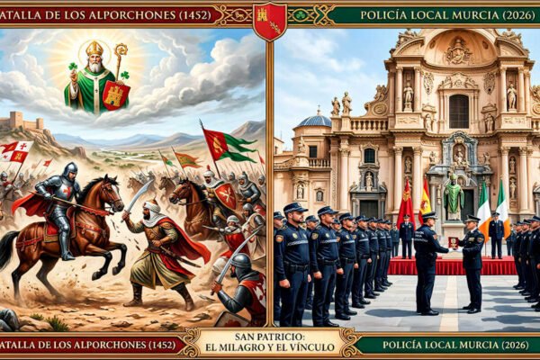 Recreación de la Batalla de Los Alporchones a la izquierda y la Plaza del Cardenal Belluga con la Catedral y la Policía Local de Murcia recibiendo insignias presididos por San Patricio a la derecha