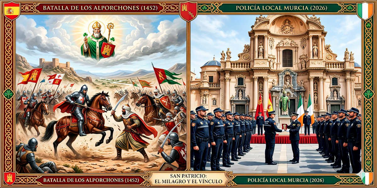 Recreación de la Batalla de Los Alporchones a la izquierda y la Plaza del Cardenal Belluga con la Catedral y la Policía Local de Murcia recibiendo insignias presididos por San Patricio a la derecha