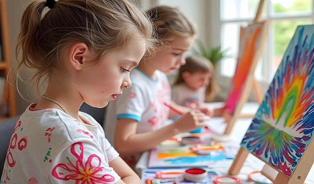 Niñas de 7 a 8 años participando en taller de pintura recreativa en la Biblioteca de Beniaján dentro del Programa VIBRA del Ayuntamiento de Murcia