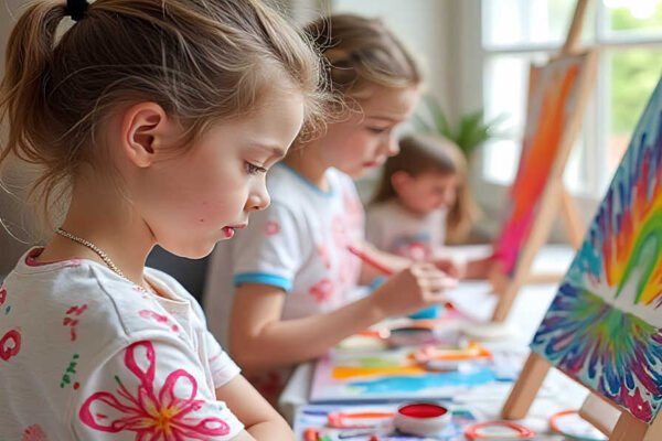 Niñas de 7 a 8 años participando en taller de pintura recreativa en la Biblioteca de Beniaján dentro del Programa VIBRA del Ayuntamiento de Murcia