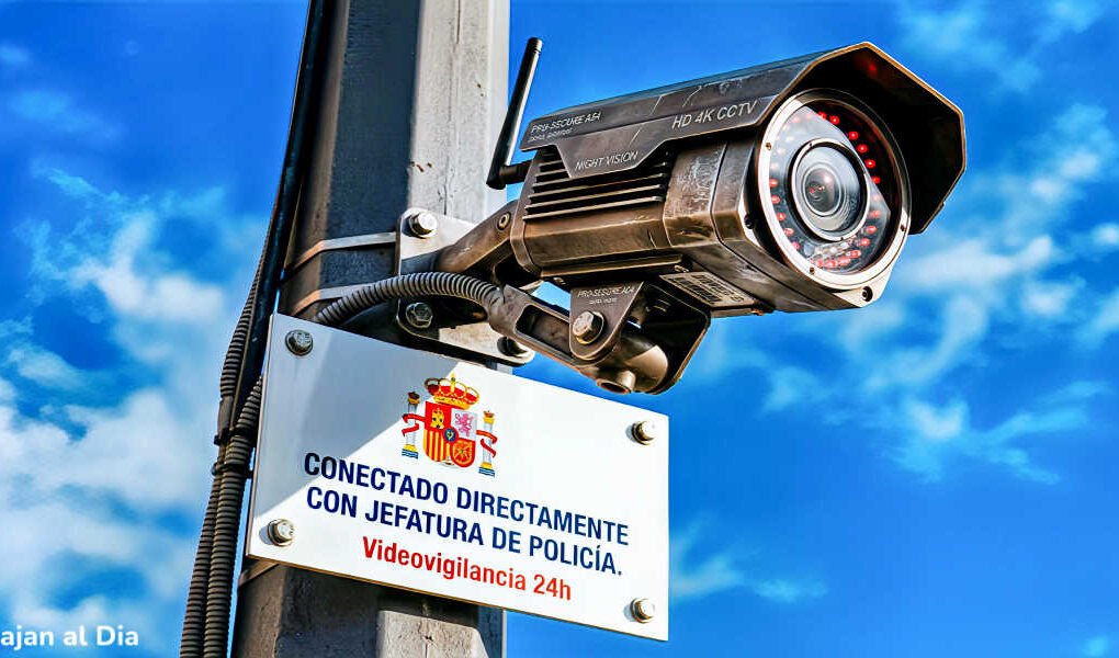 Cámara de videovigilancia en un cartel informativo de seguridad conectado a la jefatura de Policía con servicio de vigilancia 24 horas.