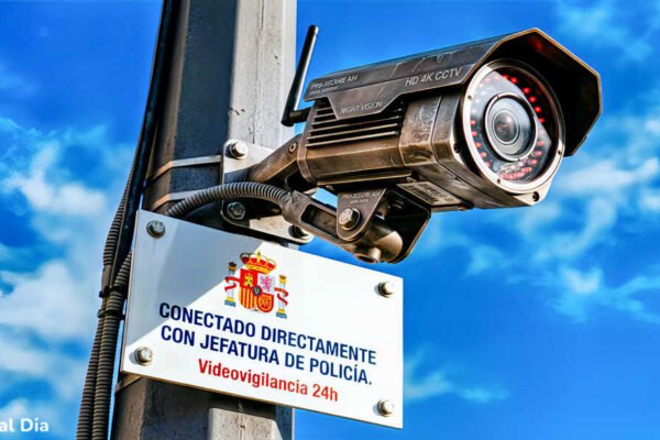 Cámara de videovigilancia en un cartel informativo de seguridad conectado a la jefatura de Policía con servicio de vigilancia 24 horas.