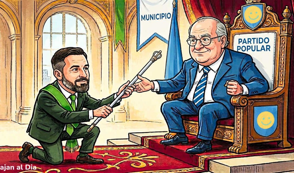 Caricatura de un político de VOX de rodillas entregando el bastón de mando a un representante del Partido Popular sentado en el sillón de gobierno.