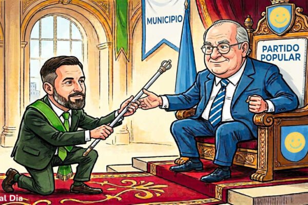 Caricatura de un político de VOX de rodillas entregando el bastón de mando a un representante del Partido Popular sentado en el sillón de gobierno.