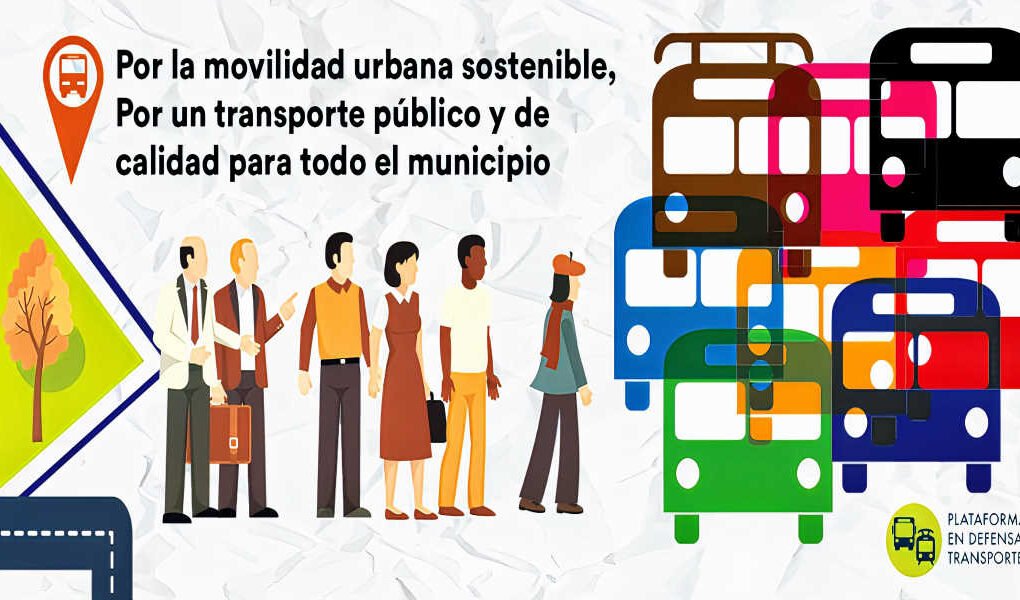 Logotipo de la Plataforma en Defensa del Transporte Público de Murcia con autobuses y personas