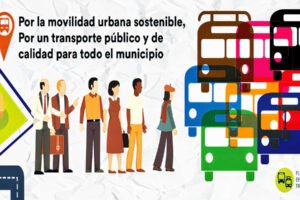 Logotipo de la Plataforma en Defensa del Transporte Público de Murcia con autobuses y personas
