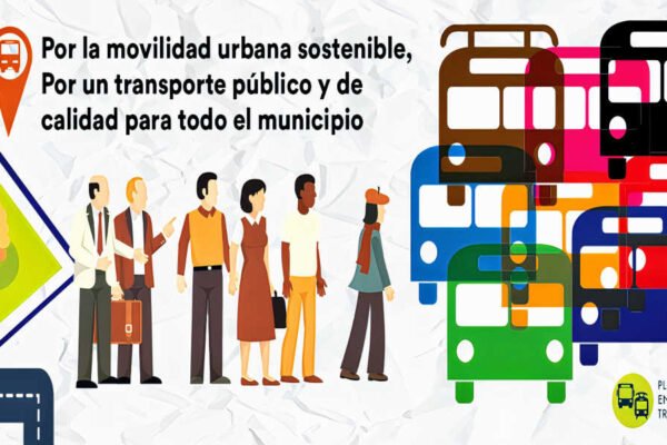 Logotipo de la Plataforma en Defensa del Transporte Público de Murcia con autobuses y personas