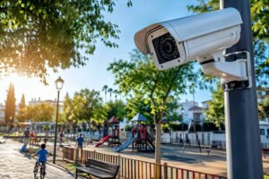 Cámara de videovigilancia instalada en un parque público con zona infantil al fondo
