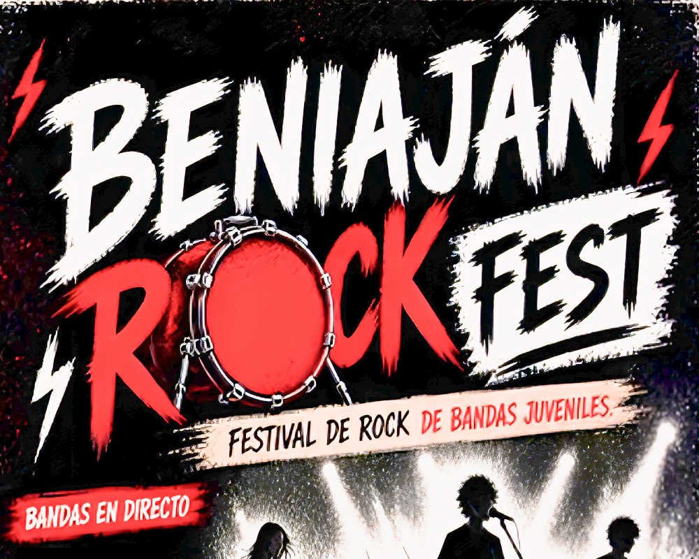 Cartel oficial del Beniaján Rock Fest 2026 en Beniaján (Murcia). Primera edición el 12 de junio a las 18:00 h en el Centro Cultural de Beniaján.