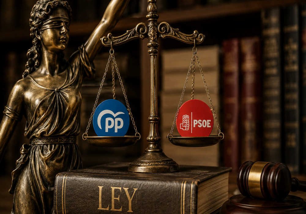 Figura alegórica de la justicia sosteniendo una balanza equilibrada entre los logotipos del Partido Popular y el PSOE, sobre un libro con la palabra LEY.