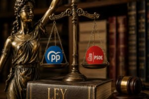 Figura alegórica de la justicia sosteniendo una balanza equilibrada entre los logotipos del Partido Popular y el PSOE, sobre un libro con la palabra LEY.