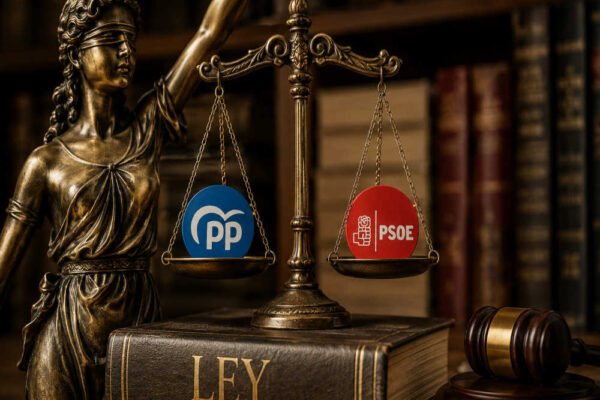 Figura alegórica de la justicia sosteniendo una balanza equilibrada entre los logotipos del Partido Popular y el PSOE, sobre un libro con la palabra LEY.