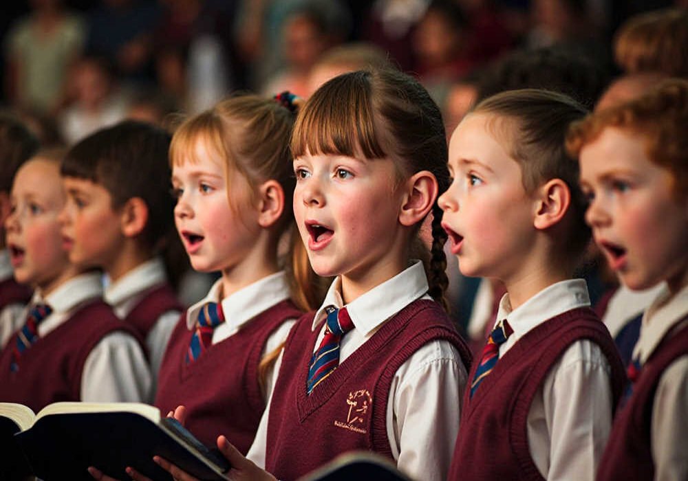Niños y niñas actuando en el Encuentro de coros del programa Cantemus en Beniaján