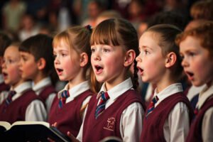 Niños y niñas actuando en el Encuentro de coros del programa Cantemus en Beniaján
