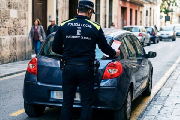 Agente de la Policía Local de Murcia de espaldas sancionando un vehículo estacionado en una calle de Murcia