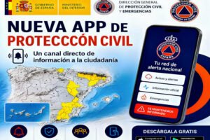 Nueva app de Protección Civil España mostrando mapa de alertas y aplicación móvil